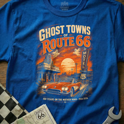 "Ghost Towns of Route 66" graphic with a vintage car and motel at sunset.