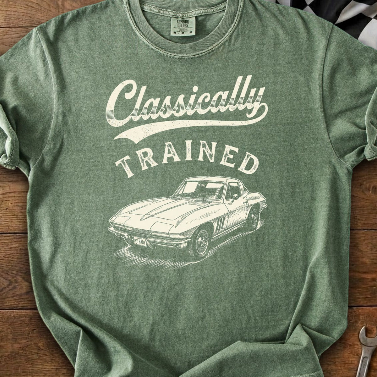 Green t-shirt with "Classically Trained" text and a classic car illustration.