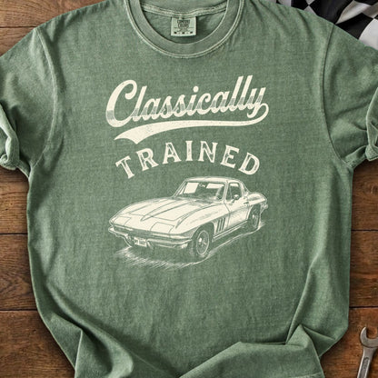 Green t-shirt with "Classically Trained" text and a classic car illustration.