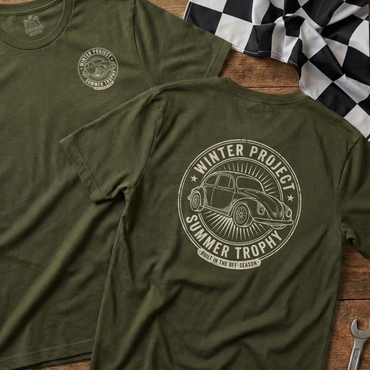 Olive green t-shirt with "Winter Project Summer Trophy" circular graphic.