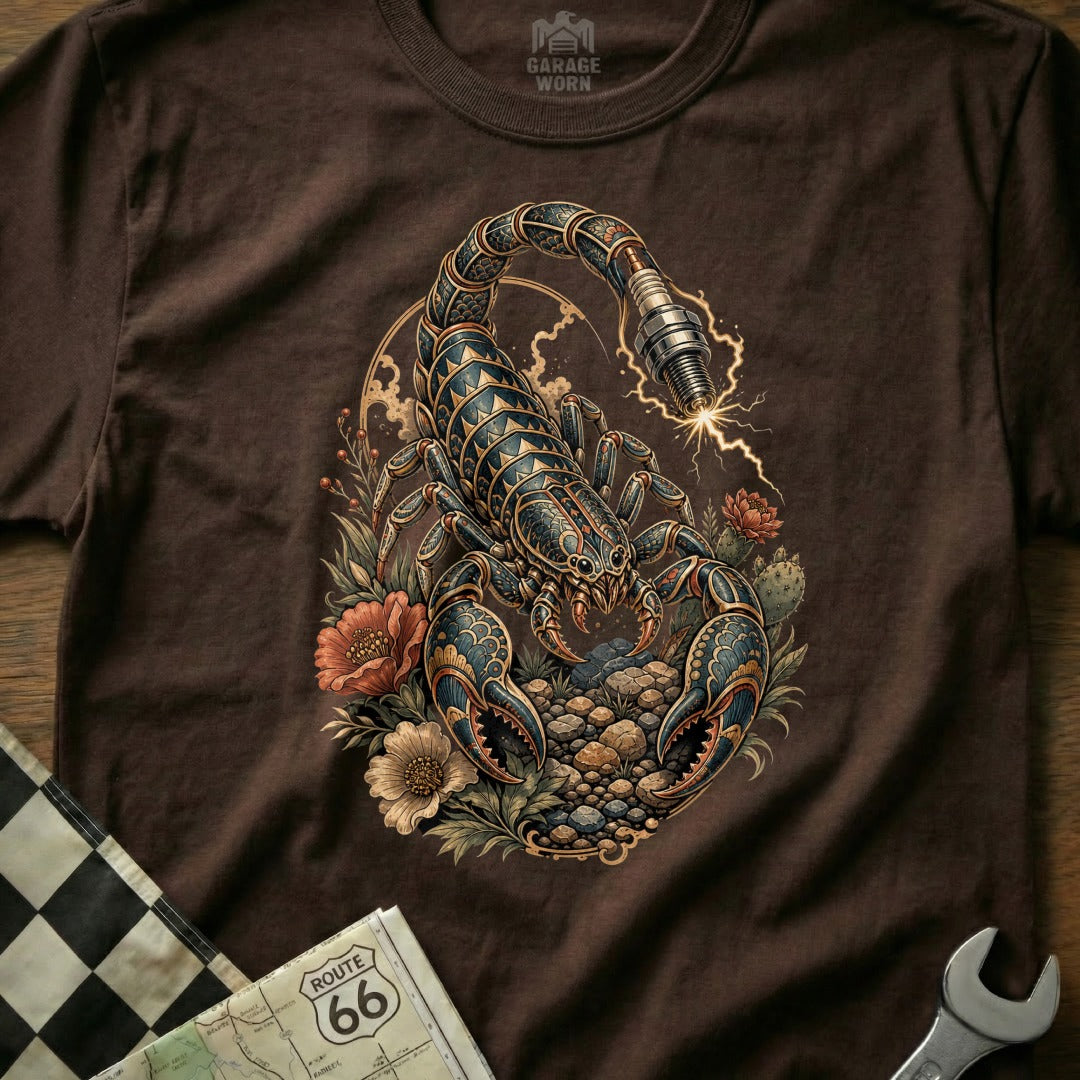 Scorpion illustration with spark plug stinger, surrounded by flowers and cacti on a brown t-shirt.