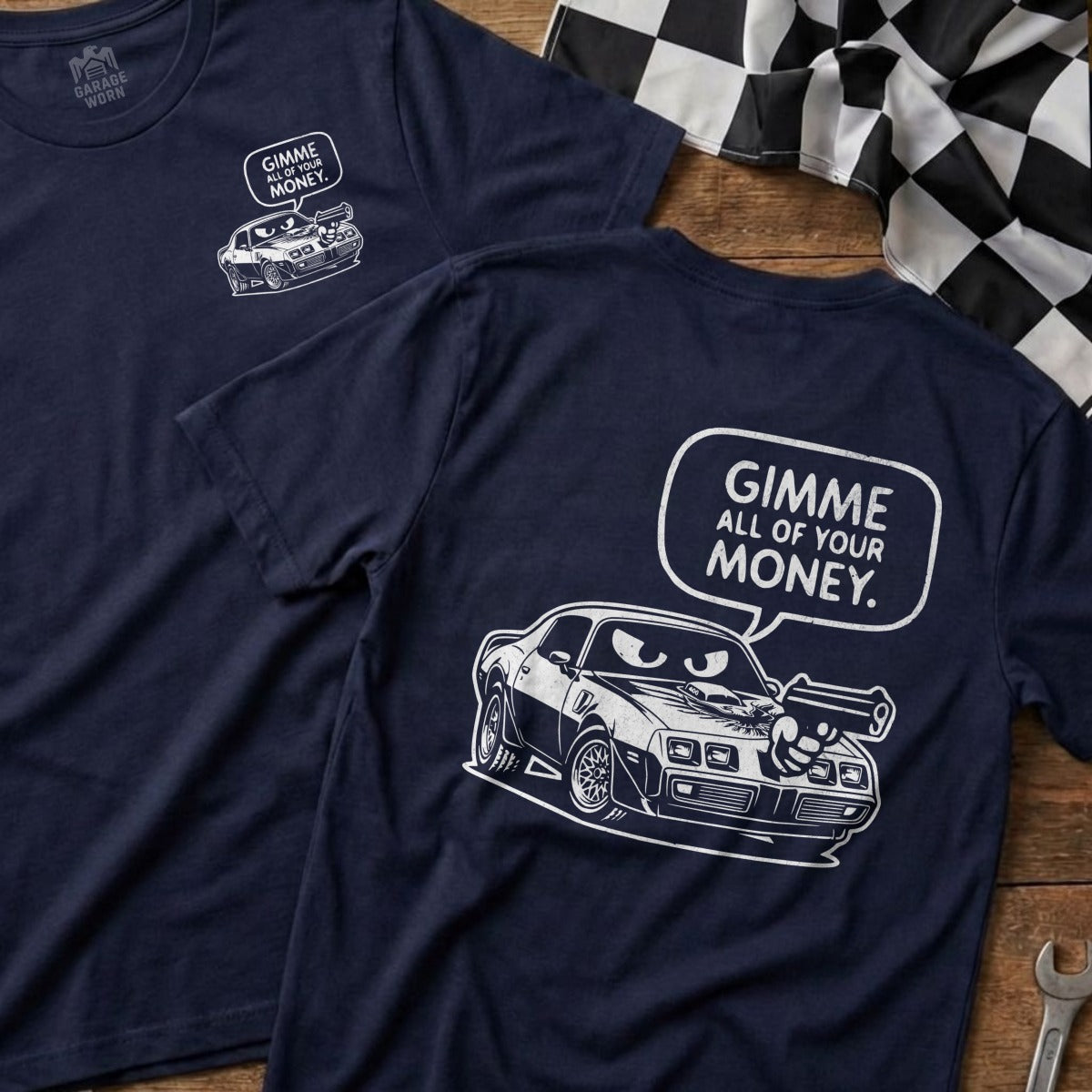 Navy t-shirt with a cartoon car aiming a gun, "GIMME ALL OF YOUR MONEY."