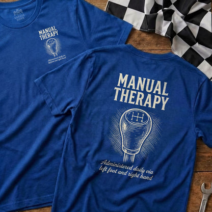 Blue t-shirts with "Manual Therapy" text and a gear shift illustration.