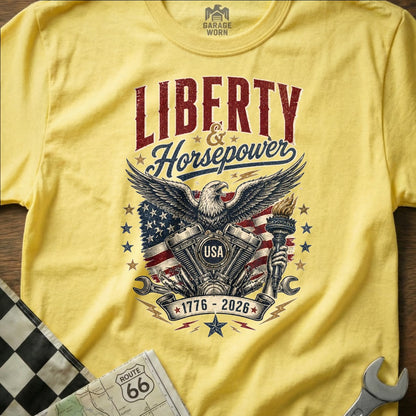 Yellow t-shirt with "Liberty & Horsepower" text, eagle, motorcycle engine, and USA flag.