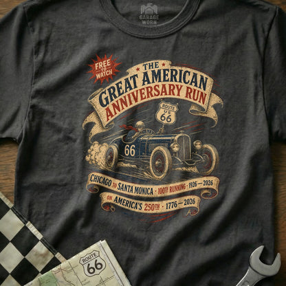 T-shirt design for the Great American Anniversary Run, featuring a vintage car and Route 66.