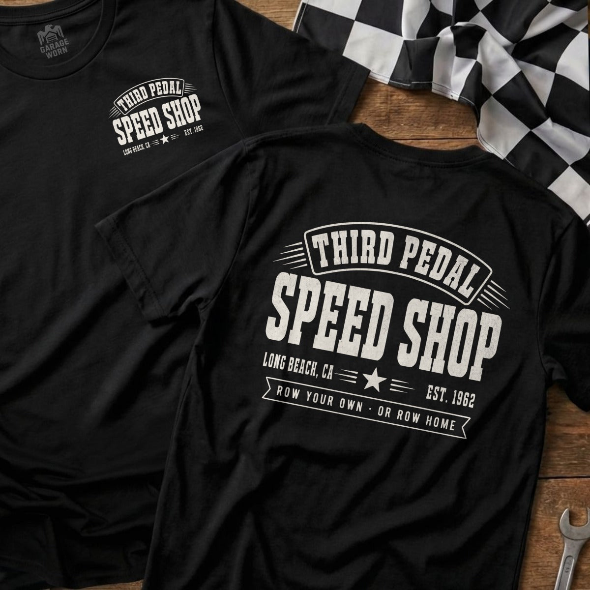 Black t-shirts with "Third Pedal Speed Shop" logo and "Row Your Own or Row Home".