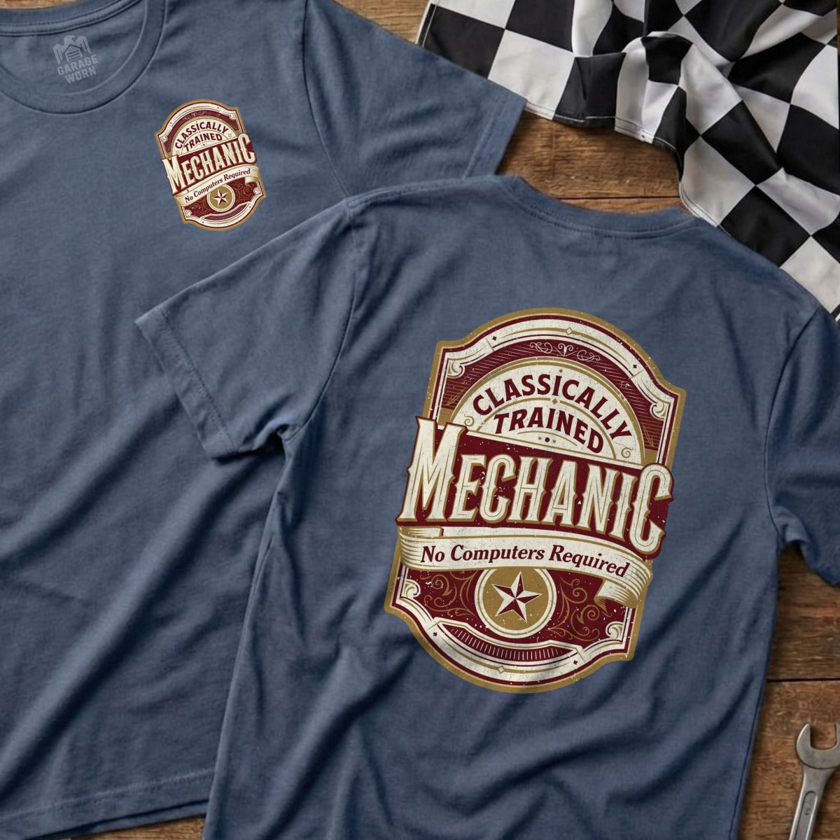 Dark blue t-shirt with "Classically Trained Mechanic No Computers Required" graphic.