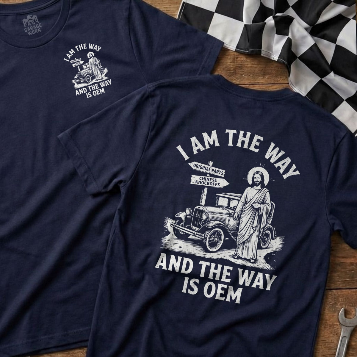Navy t-shirt with "I AM THE WAY AND THE WAY IS OEM" and Jesus graphic.