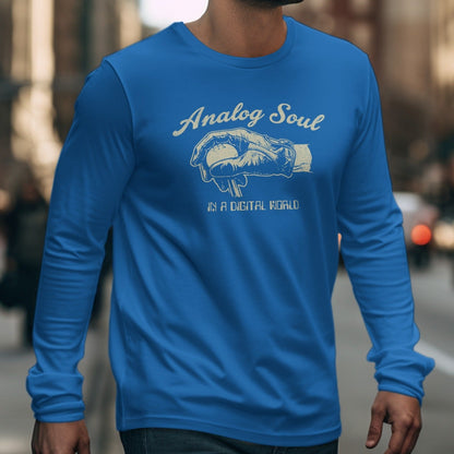 Blue long sleeve shirt with "Analog Soul IN A DIGITAL WORLD" text and graphic.