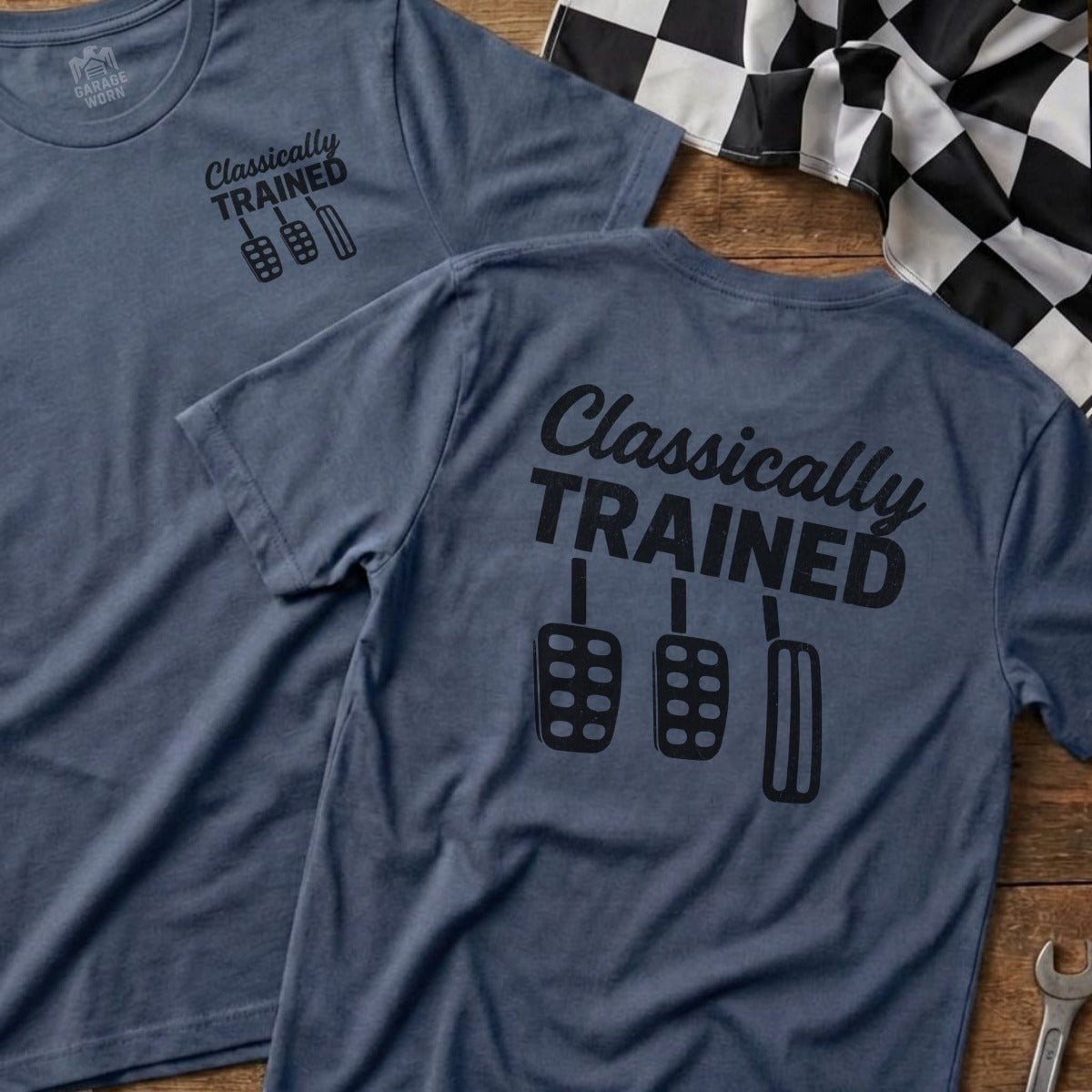 Two navy t-shirts with "Classically Trained" and car pedals graphic.
