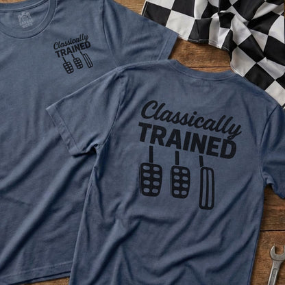 Two navy t-shirts with "Classically Trained" and car pedals graphic.