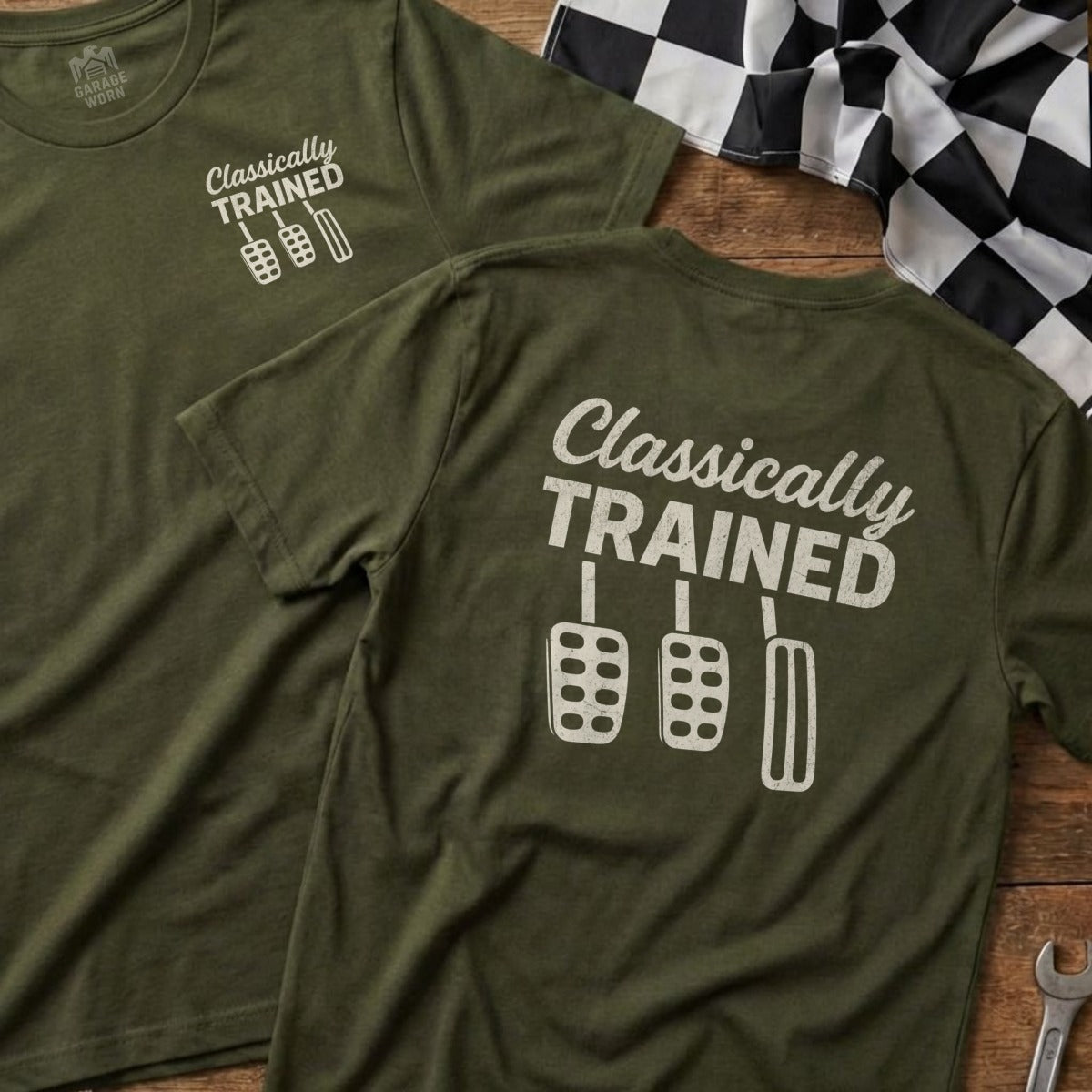 Two olive green t-shirts with "Classically Trained" and pedal graphics.