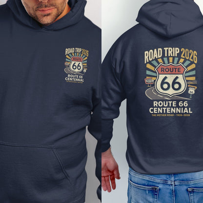 Navy Route 66 Centennial hoodie with road trip graphic and "1926-2026" text.