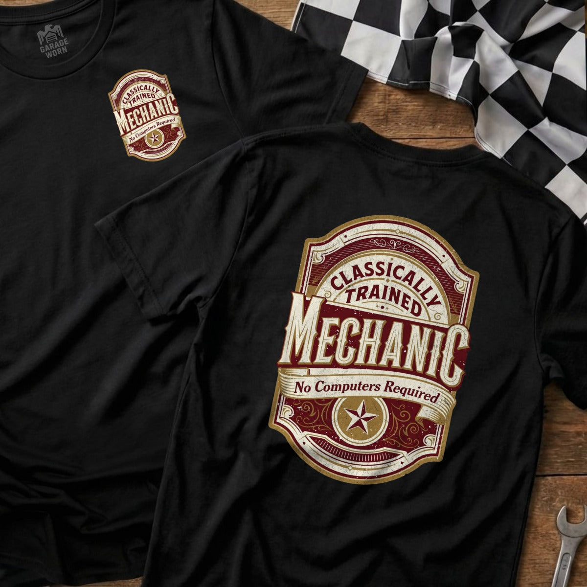 Black t-shirt with "Classically Trained Mechanic No Computers Required" badge graphic.