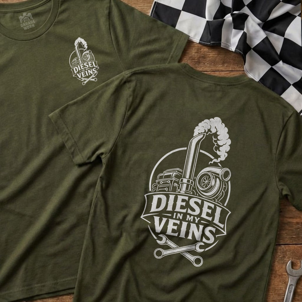 Olive green t-shirt with "Diesel In My Veins" graphic of a truck and turbo.
