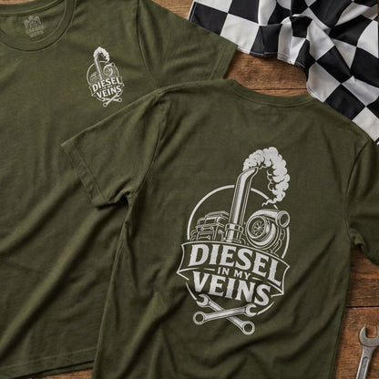 Olive green t-shirt with "Diesel In My Veins" graphic of a truck and turbo.