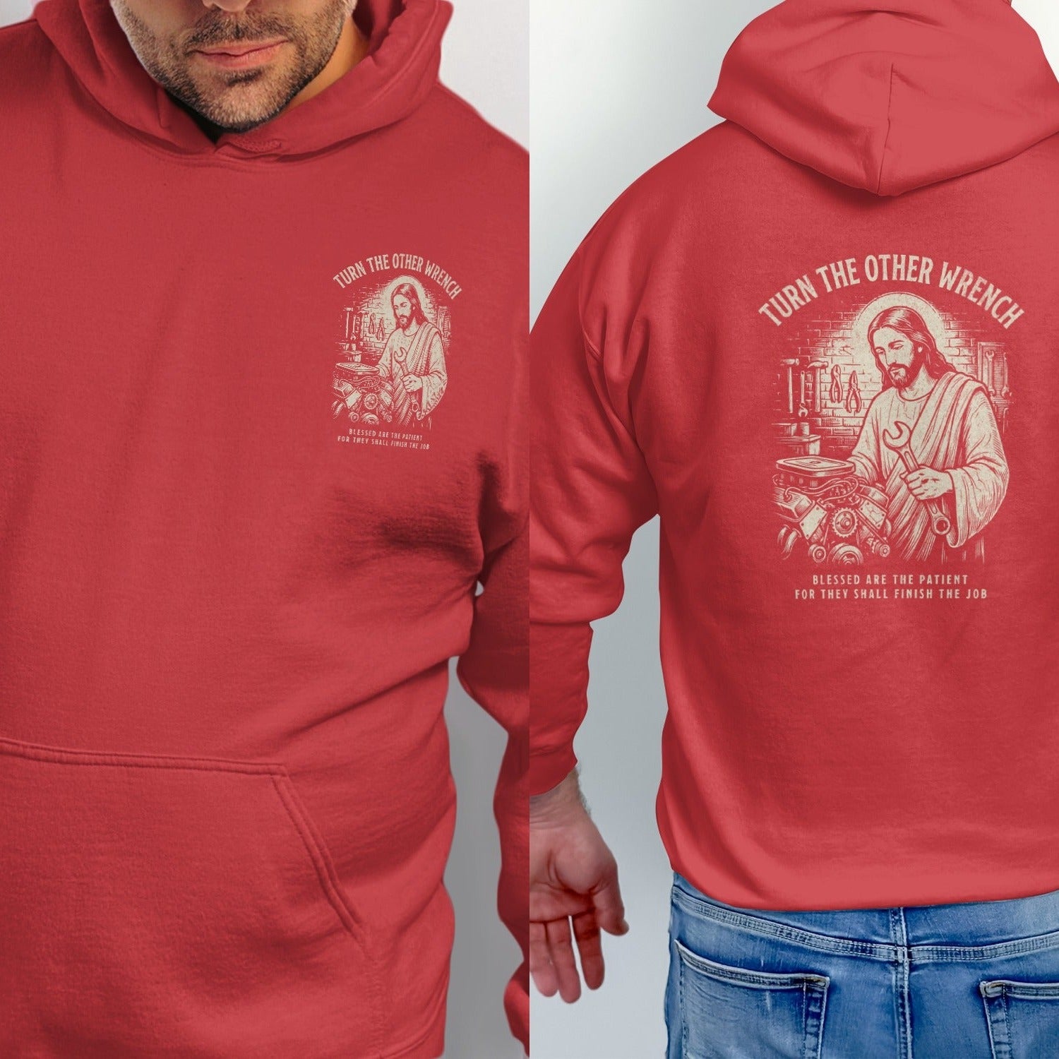 Red hoodie with Jesus holding a wrench and engine parts. Text reads "Turn The Other Wrench".