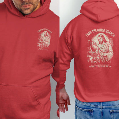 Red hoodie with Jesus holding a wrench and engine parts. Text reads "Turn The Other Wrench".