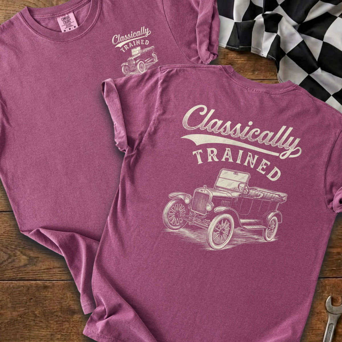 Maroon t-shirt with "Classically TRAINED" and vintage car graphic.