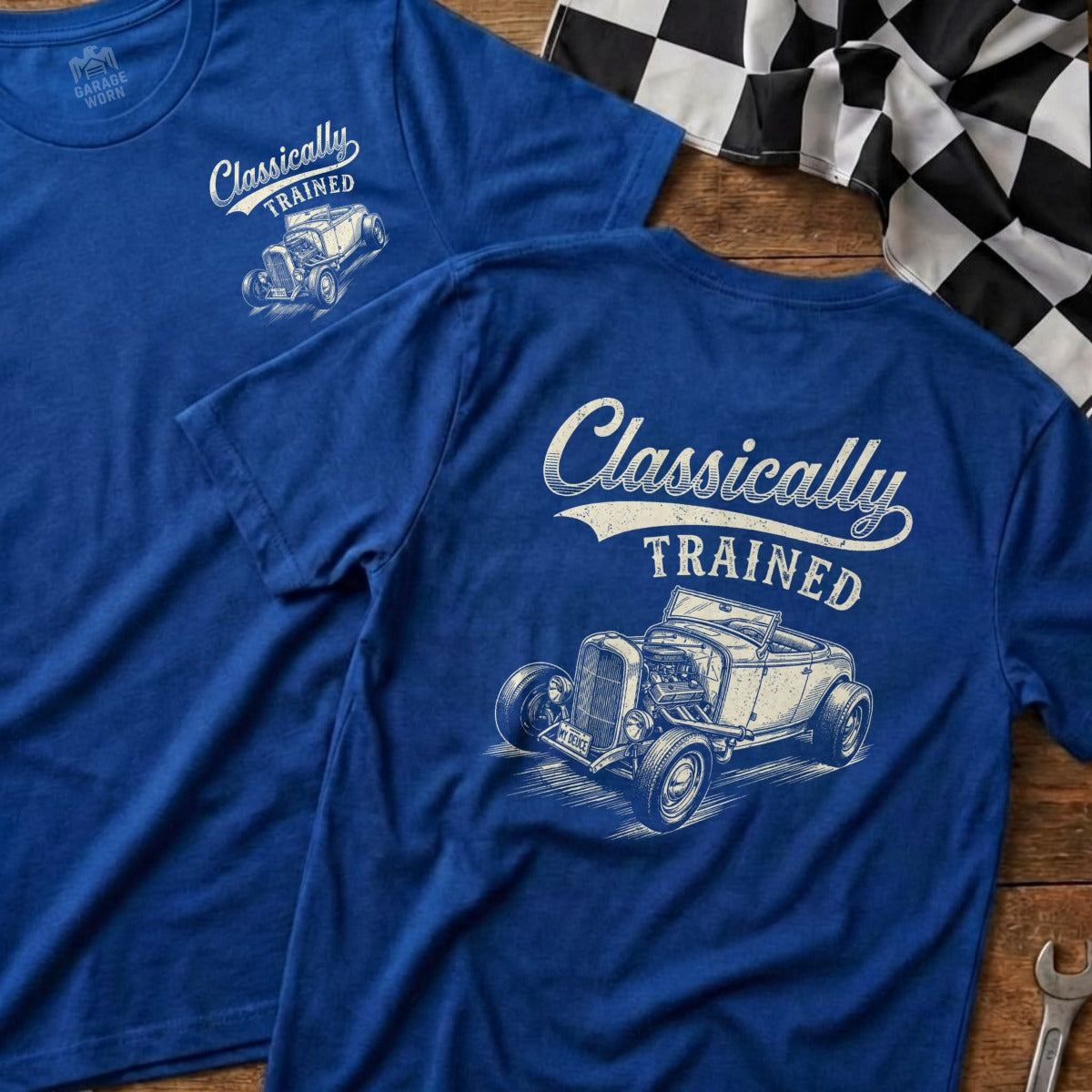 Blue t-shirts with "Classically Trained" and a hot rod illustration.