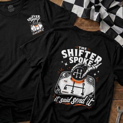 Black t-shirt with skeleton hand on a gear shift and "it said send it" text.
