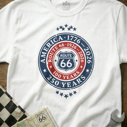Route 66 100 Years and 250 Years commemorative t-shirt design.
