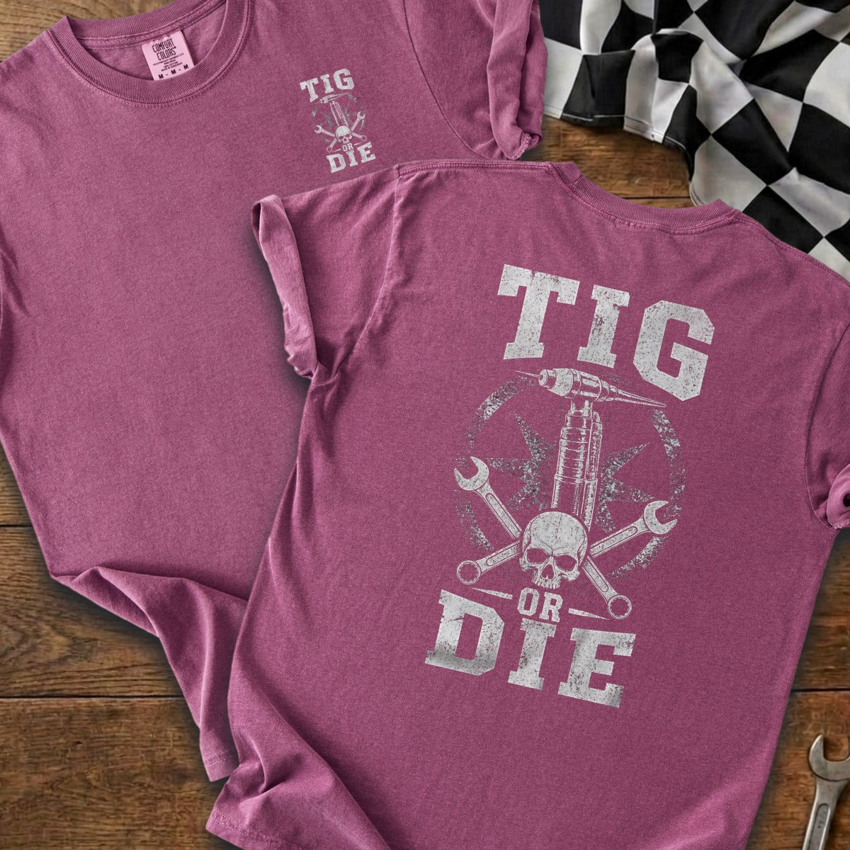 Maroon t-shirt with "TIG OR DIE" text and welding graphic.