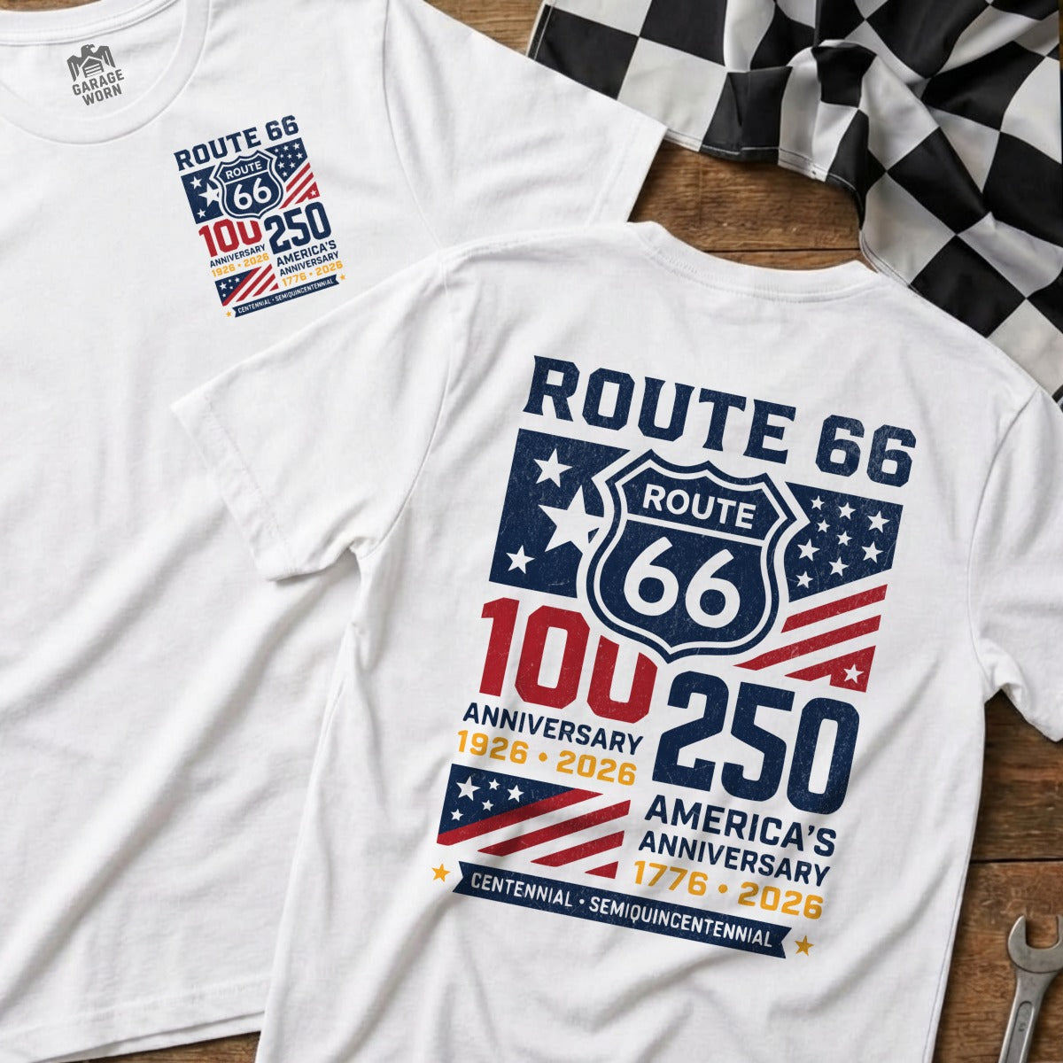 White t-shirt with Route 66 100th Anniversary graphic and American flag details.