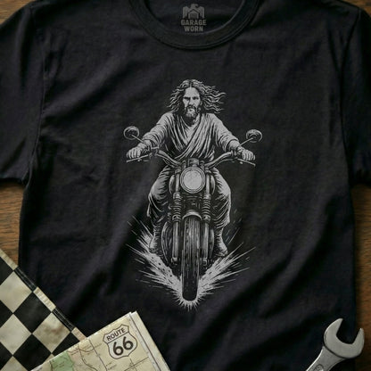 Jesus Riding Motorcycle Graphic Design T-shirt