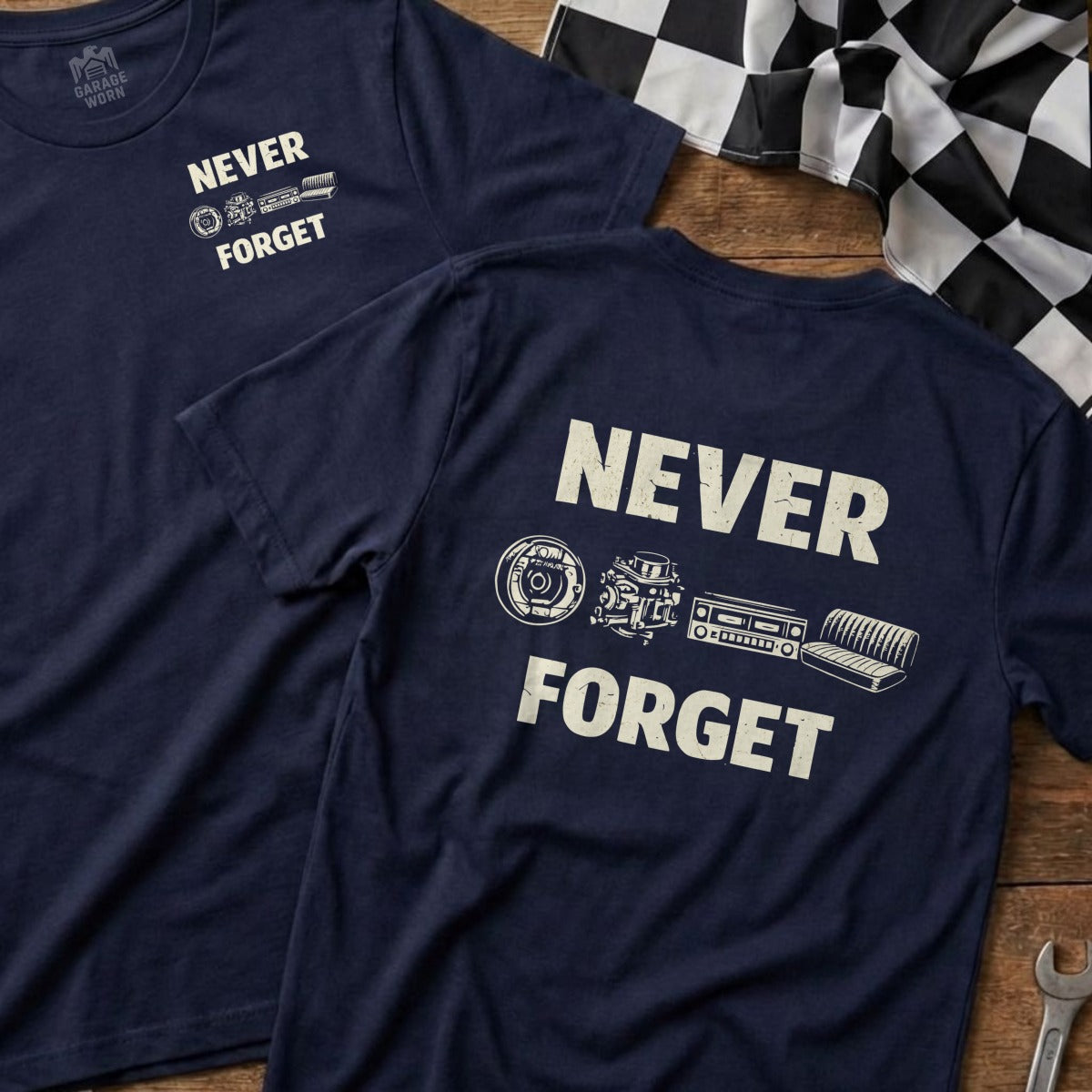 Navy t-shirts with "NEVER FORGET" and illustrated engine parts.