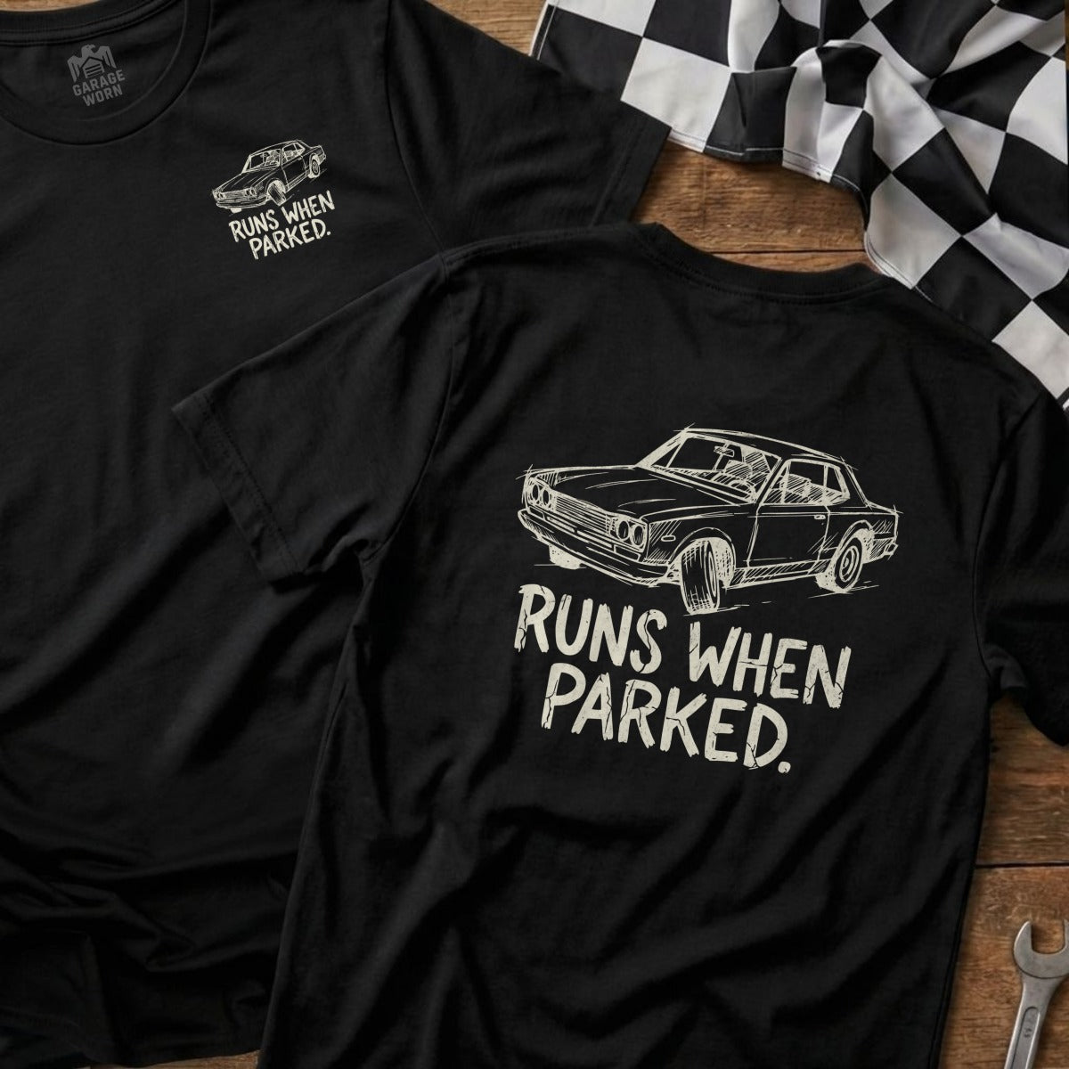 Black t-shirt with "Runs When Parked" text and vintage car graphic.