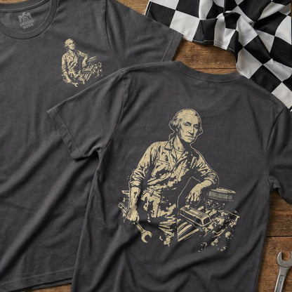 George Washington leaning on car engine with tools, graphic tee.