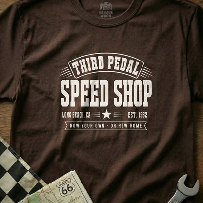 Brown t-shirt with "Third Pedal Speed Shop" logo and "Route 66" map.