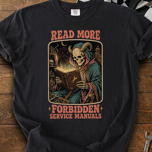 Grim reaper skeleton reading a book with "READ MORE FORBIDDEN SERVICE MANUALS" text.