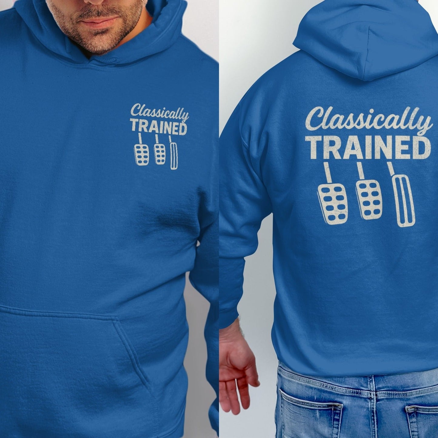Blue hoodie with "Classically TRAINED" and three car pedals graphic.