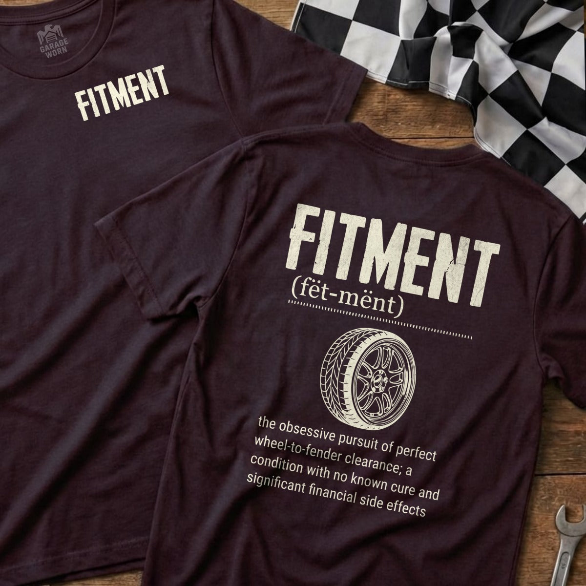 Dark t-shirts with "FITMENT" text and definition.