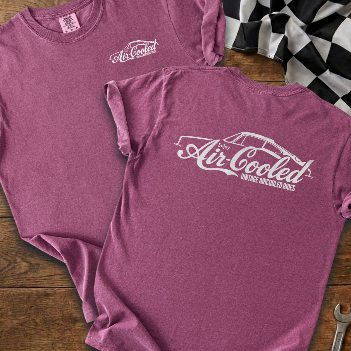 Two pink t-shirts with "Air-Cooled Vintage Aircooled Rides" graphic.