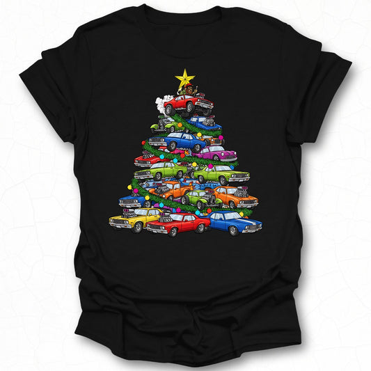 Festive Holiday Car Stack Christmas Tree Graphic Shirt