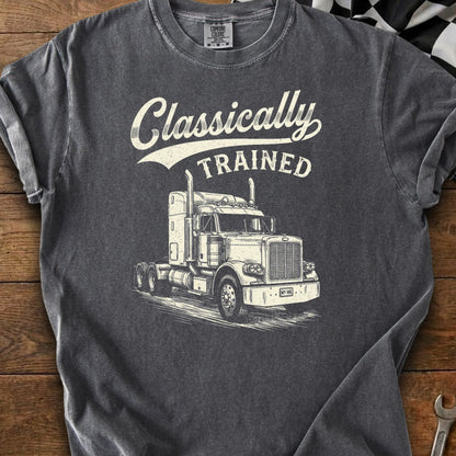 Dark gray t-shirt with a sketch of a semi-truck and "Classically TRAINED" text.