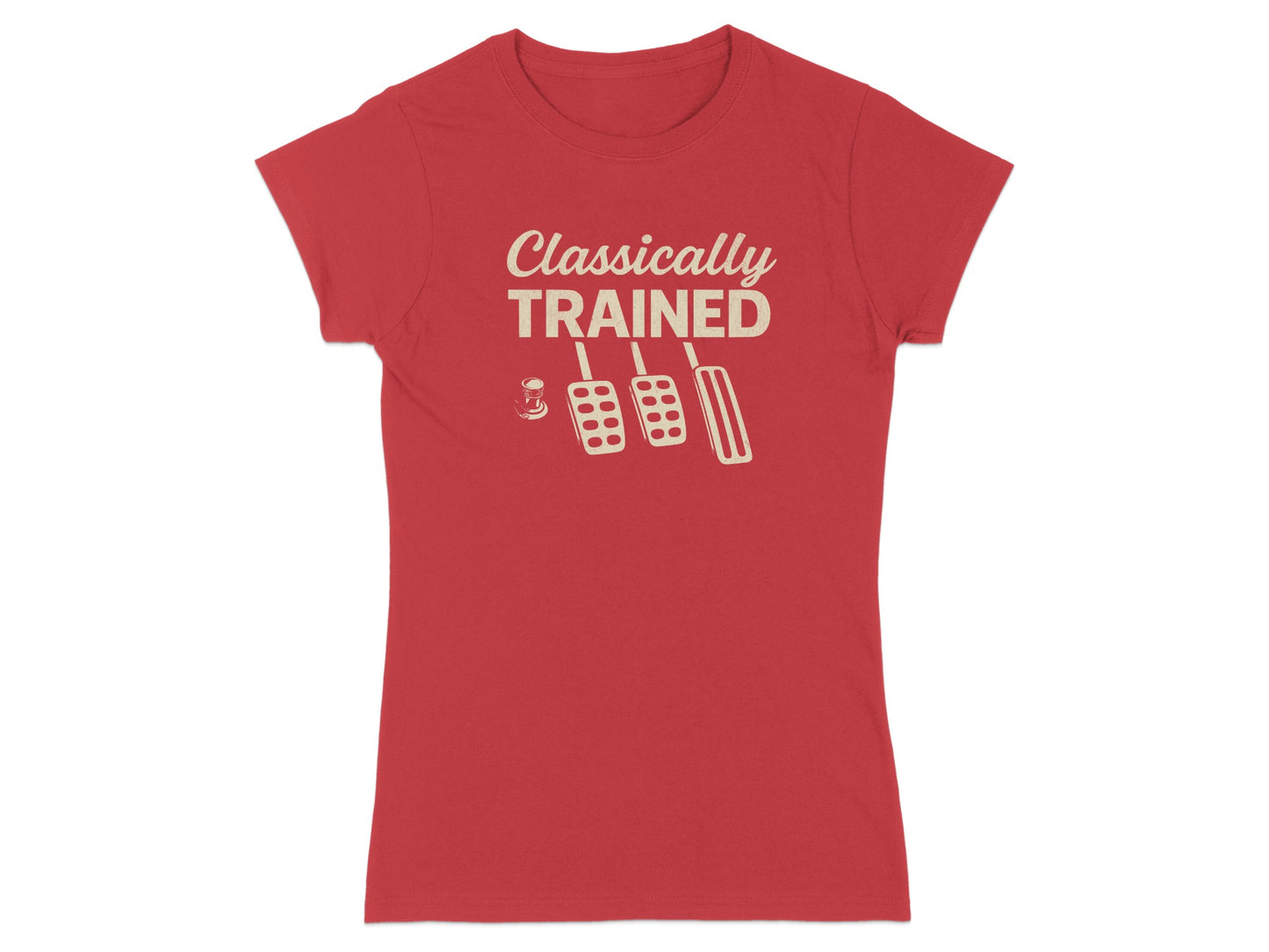 Red t-shirt with "Classically TRAINED" and clutch, brake, and gas pedals.