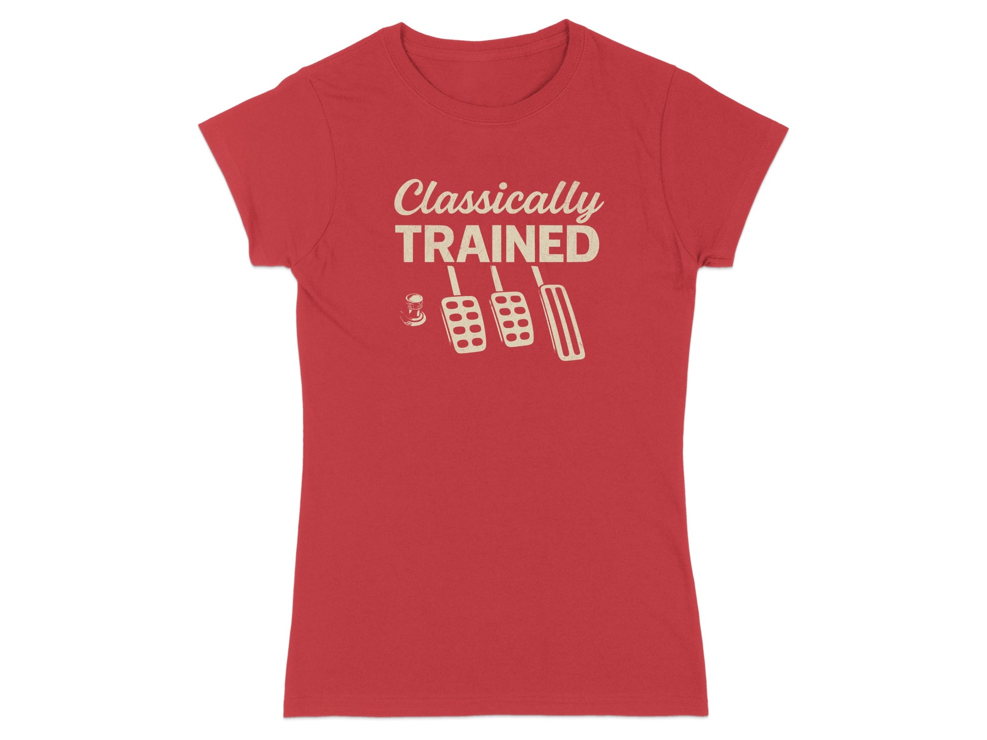 Red t-shirt with "Classically TRAINED" and clutch, brake, and gas pedals.