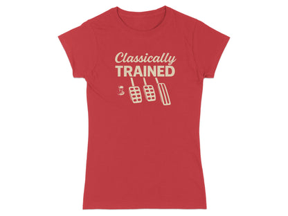 Red t-shirt with "Classically TRAINED" and clutch, brake, and gas pedals.