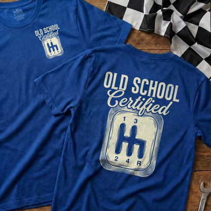 Blue t-shirt with "Old School Certified" and a vintage gear shift graphic.