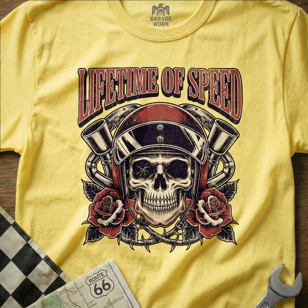 Lifetime of Speed Skull and Roses Graphic T-Shirt