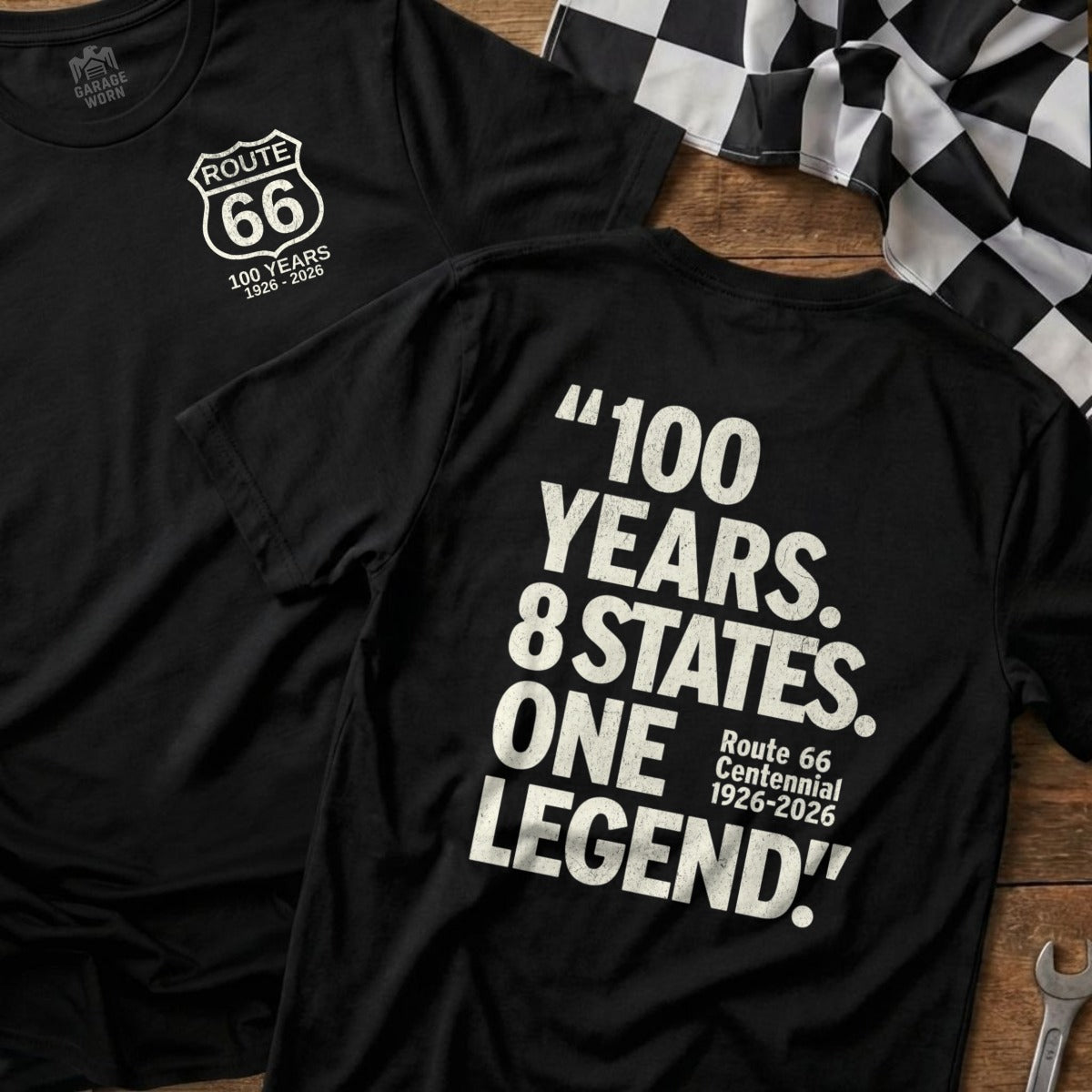 Black t-shirt with Route 66 100 Years text and racing flag.