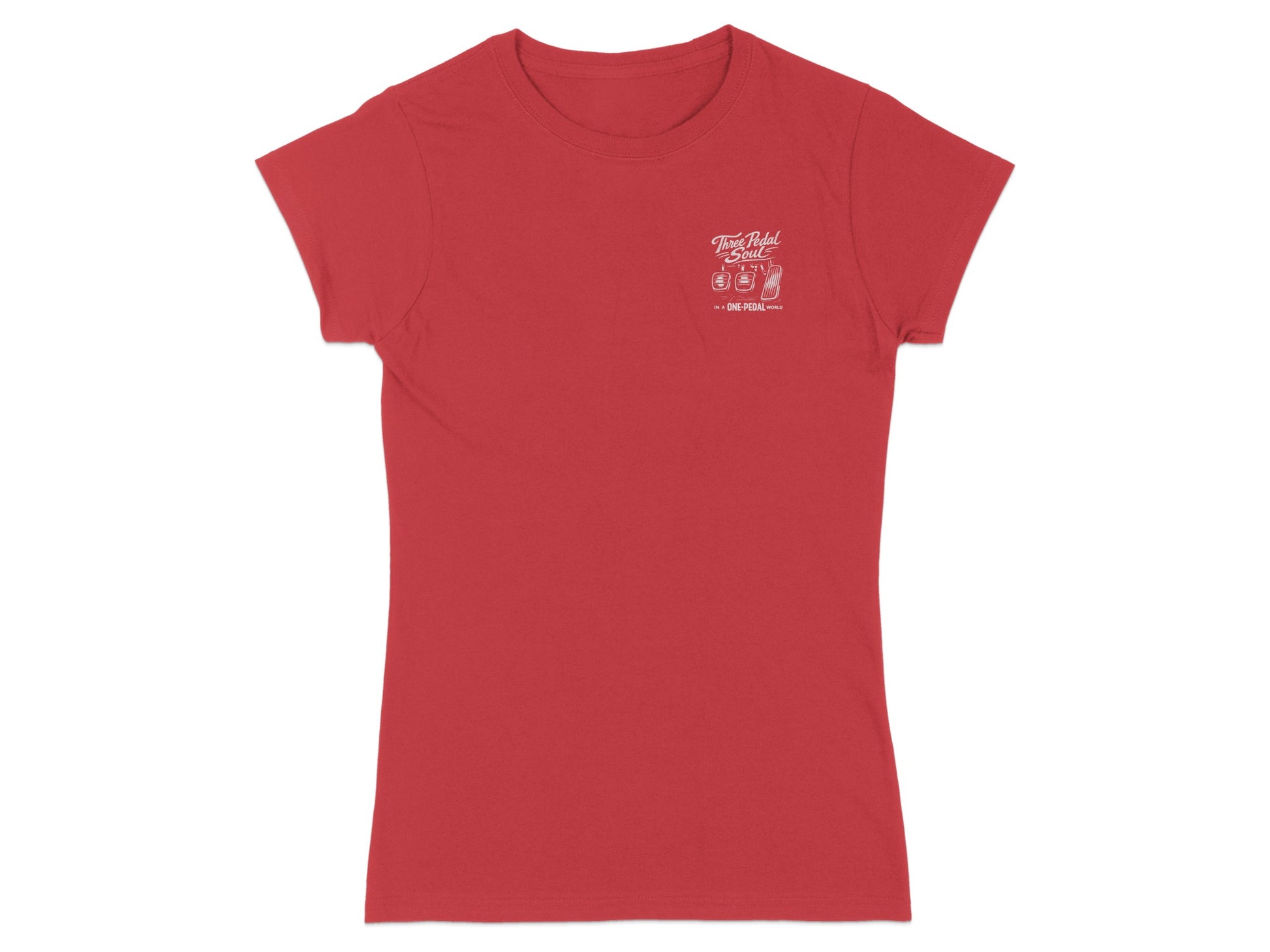 Red t-shirt with white "Two Pedal" logo and motorcycle graphic.