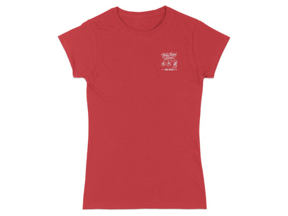 Red t-shirt with white "Two Pedal" logo and motorcycle graphic.