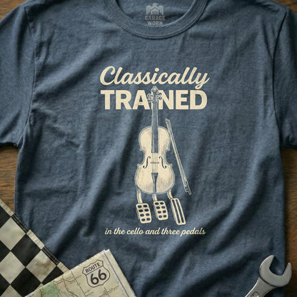 T-shirt with a cello, pedals, and text "Classically Trained".