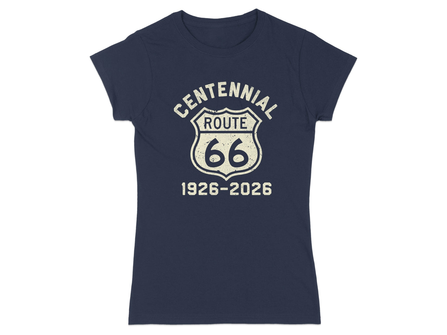 Navy t-shirt with "Centennial Route 66 1926-2026" in a shield graphic.