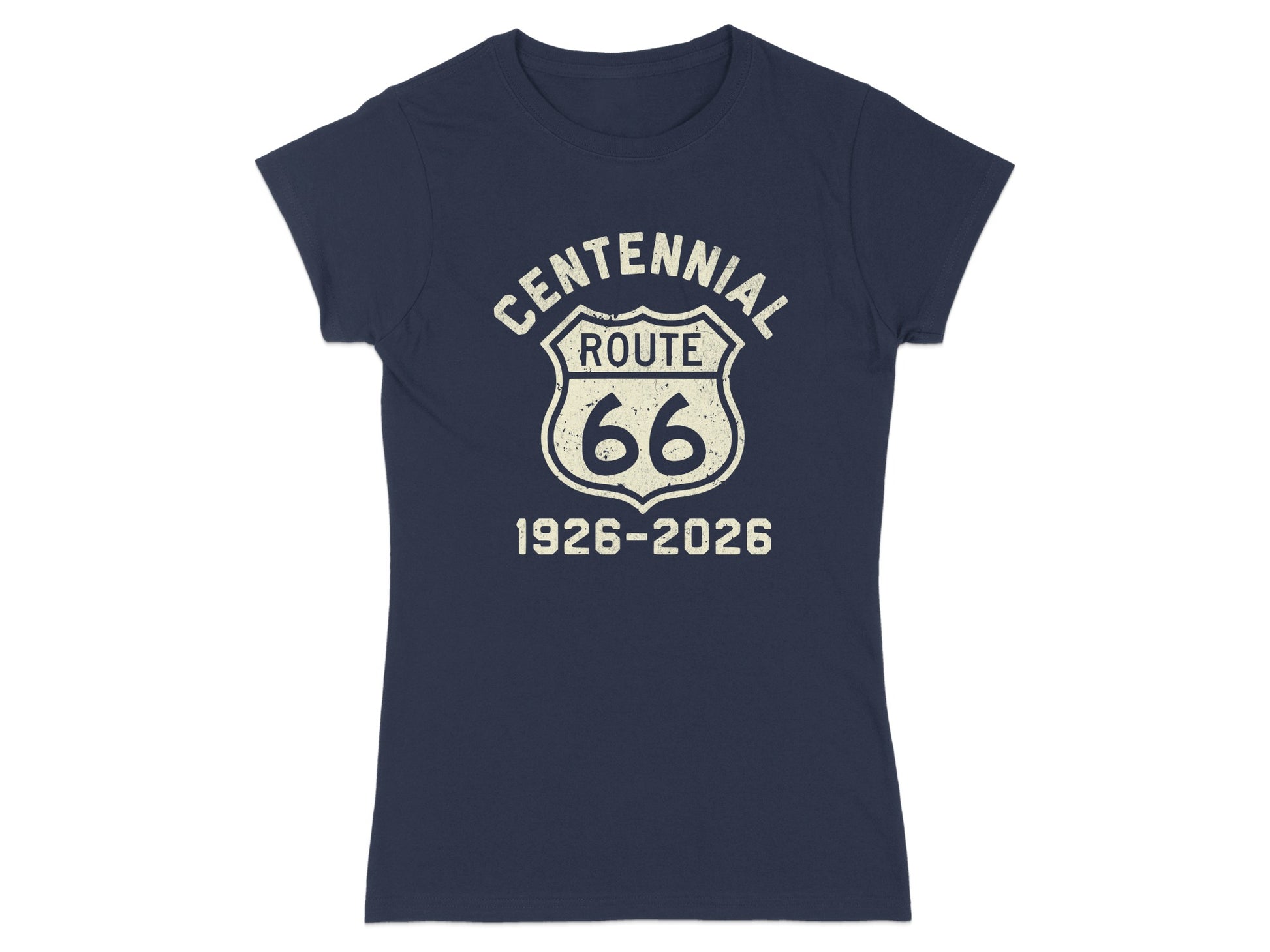 Navy t-shirt with "Centennial Route 66 1926-2026" in a shield graphic.
